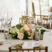 Table set up for wedding reception in tent